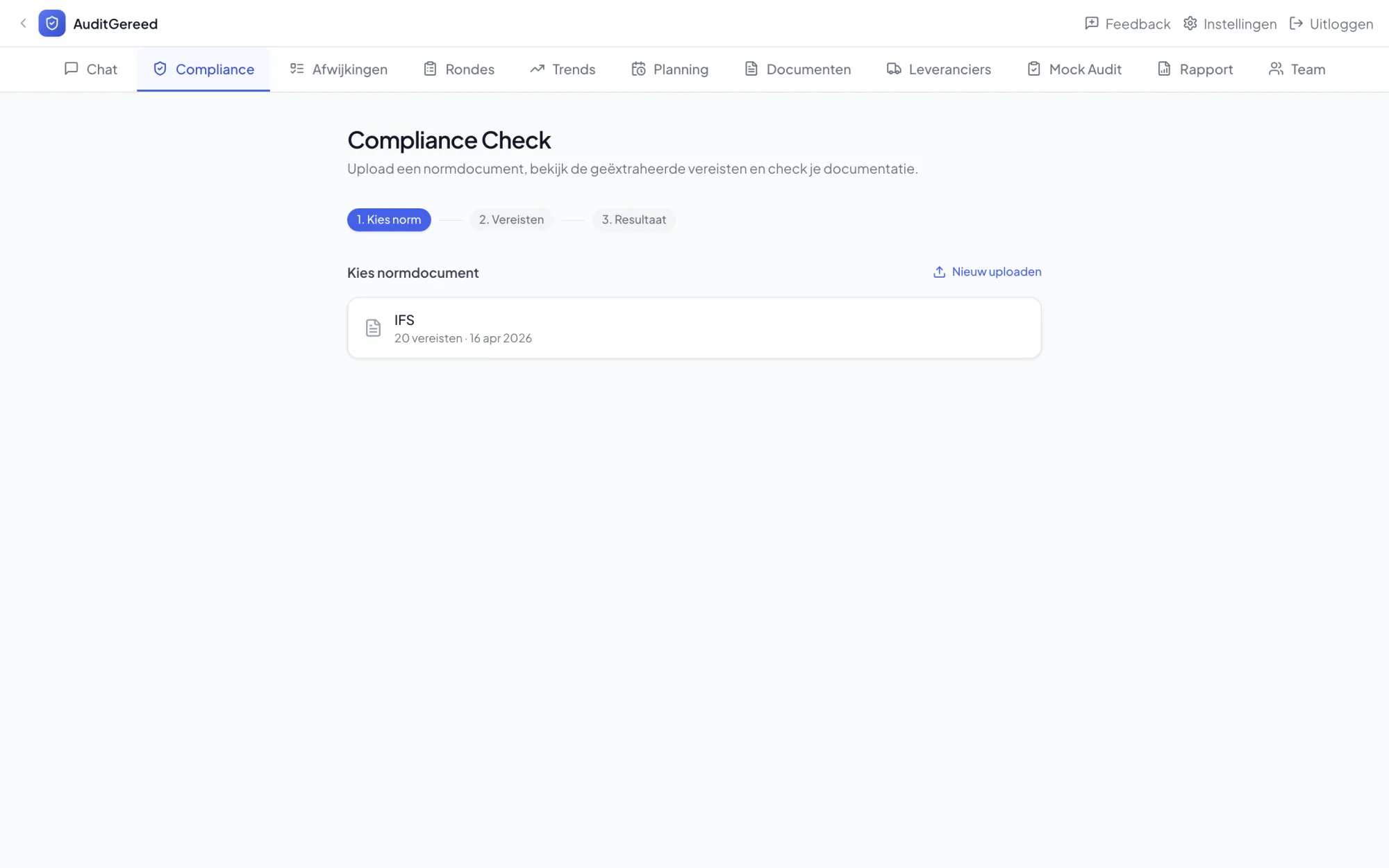 Compliance-check wizard: normdocument kiezen, vereisten en resultaat